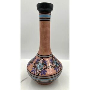 Art Pottery Vase Blue Pink Hand Painted Terra Athens Greece Signed Mid Century